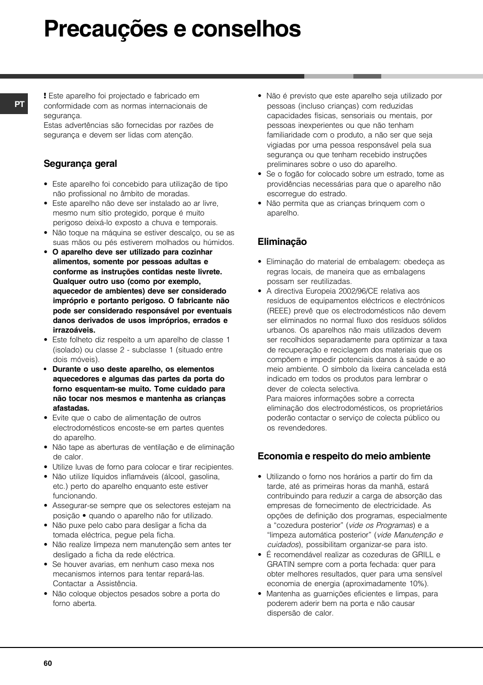Precauções e conselhos | Hotpoint Ariston CP77SP2-HA User Manual | Page 60 / 76