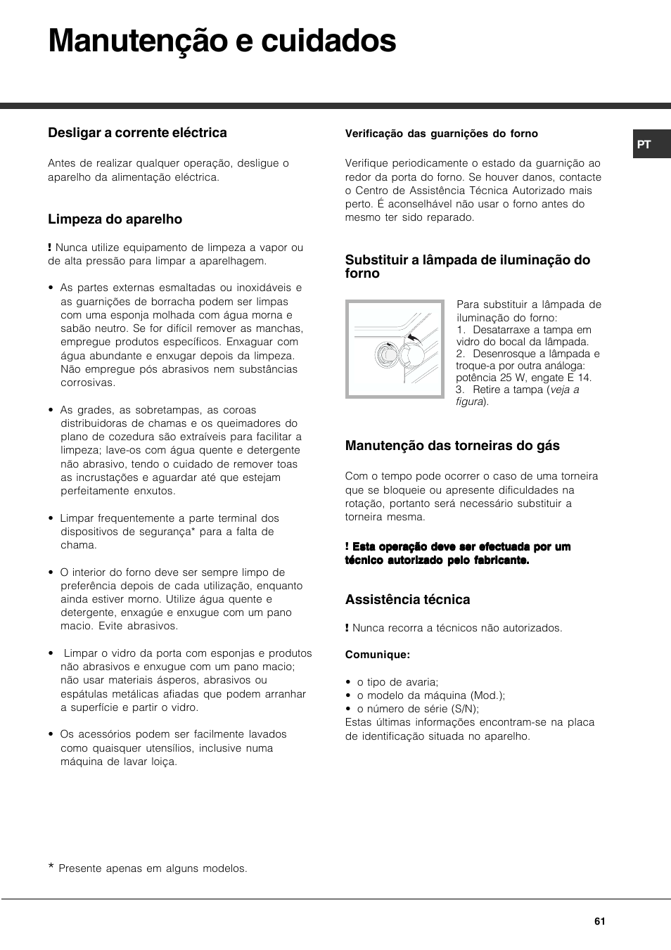 Manutenção e cuidados | Hotpoint Ariston CP77SP2-HA User Manual | Page 61 / 76