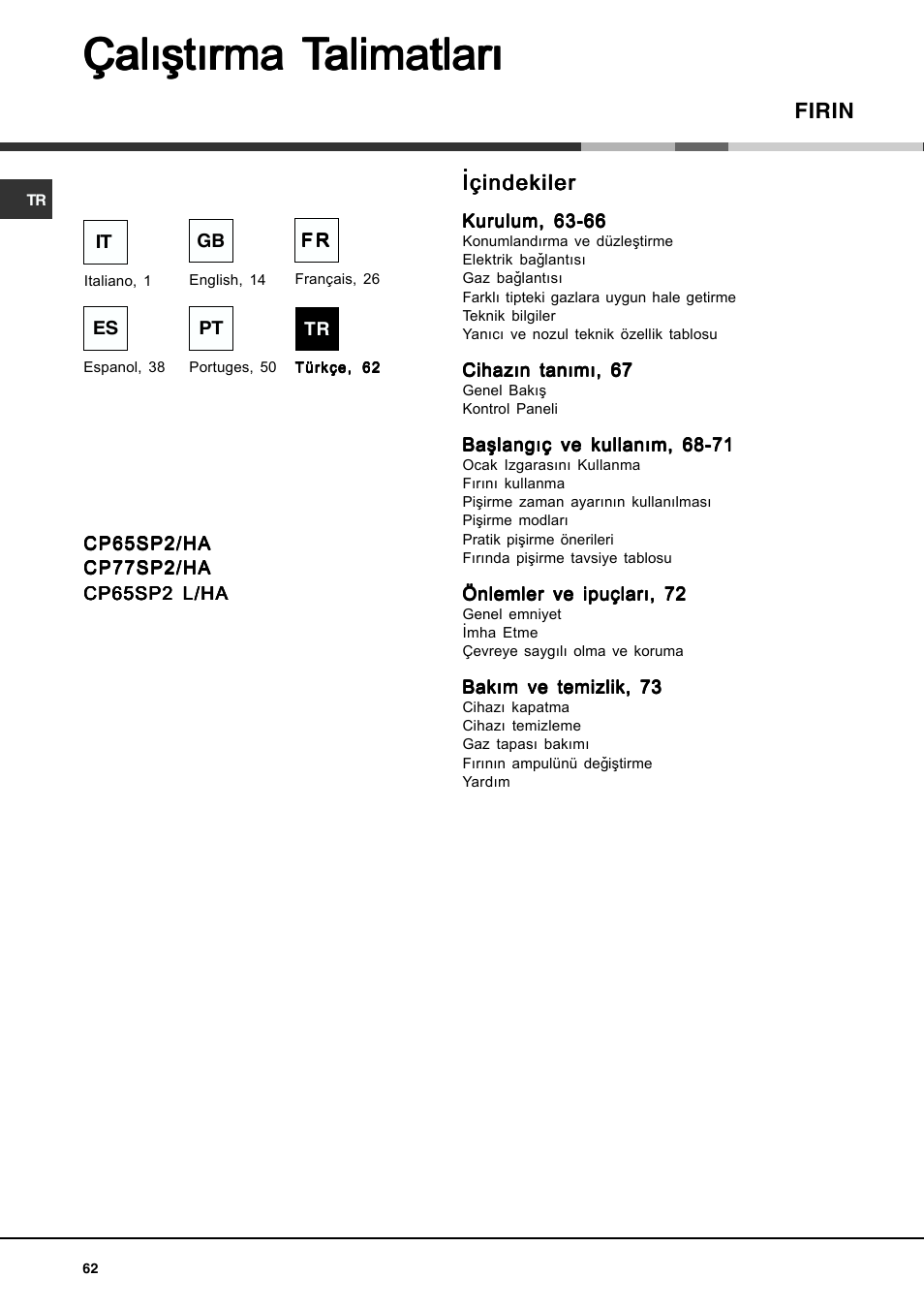 Çalýþtýrma | Hotpoint Ariston CP77SP2-HA User Manual | Page 62 / 76