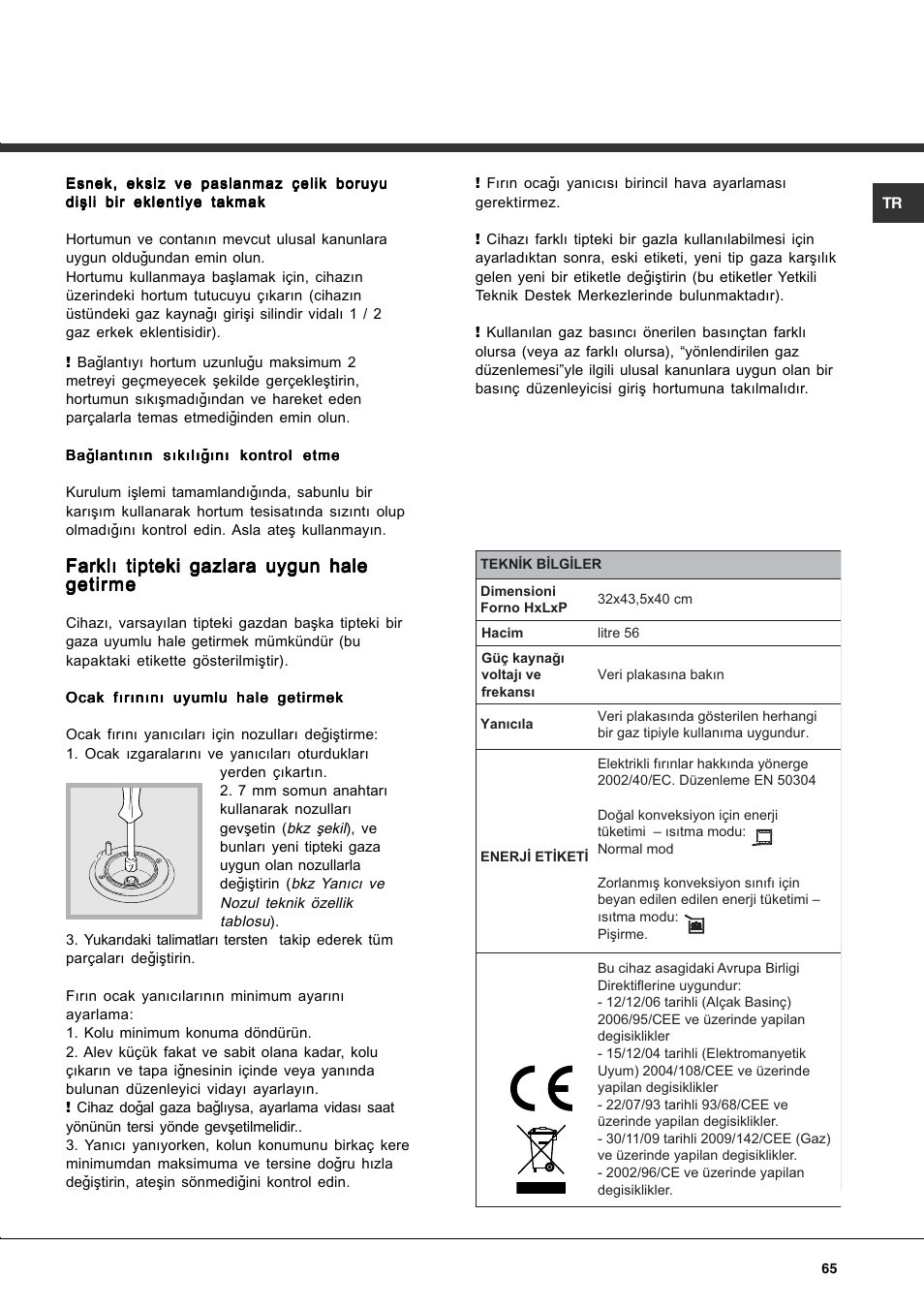 Farklý tipteki gazlara uygun hale | Hotpoint Ariston CP77SP2-HA User Manual | Page 65 / 76