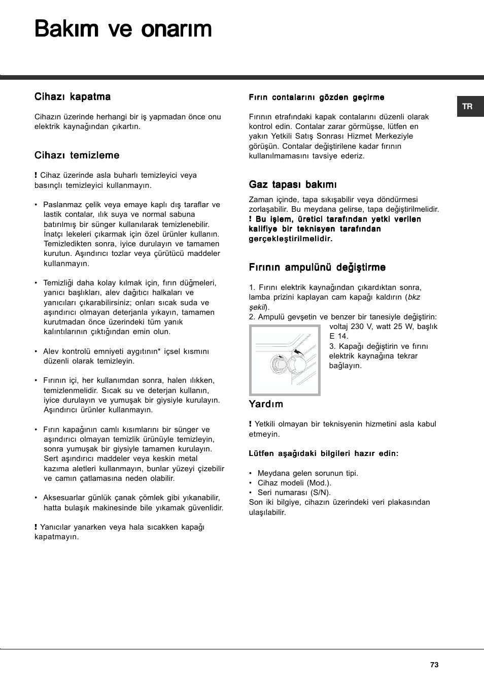 Bakým ve onarým | Hotpoint Ariston CP77SP2-HA User Manual | Page 73 / 76