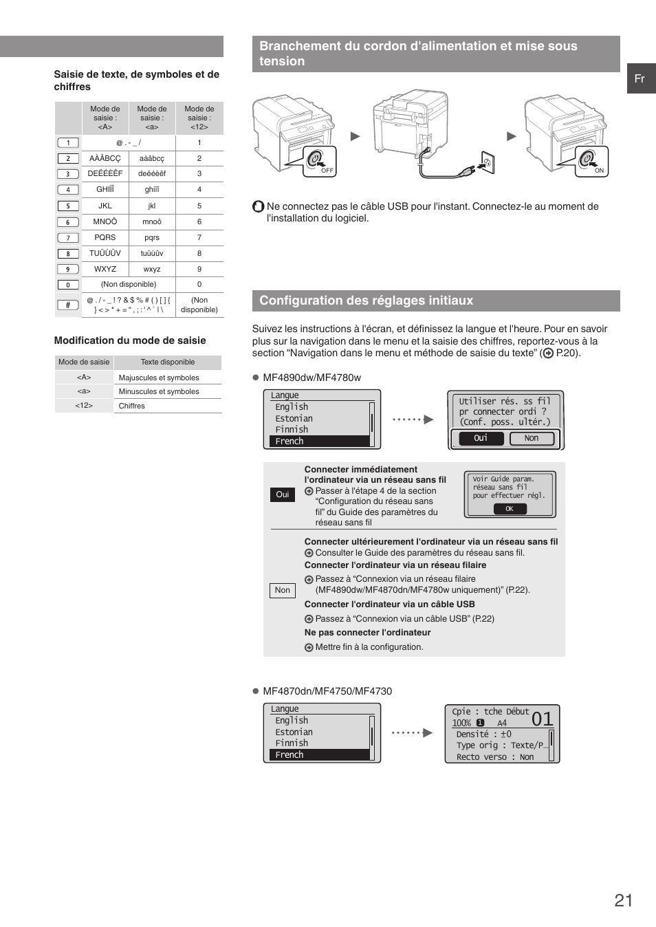 Branchement du cordon d'alimentation, Et mise sous tension, Configuration des réglages initiaux | Canon i-SENSYS MF4890dw User Manual | Page 21 / 292