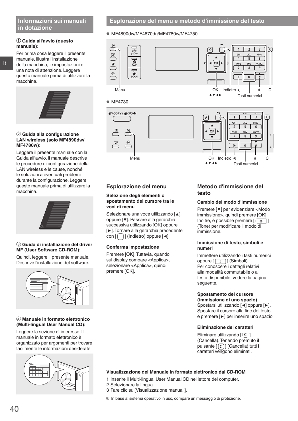 Informazioni sui manuali in dotazione, Esplorazione del menu e metodo, D'immissione del testo | Canon i-SENSYS MF4890dw User Manual | Page 40 / 292