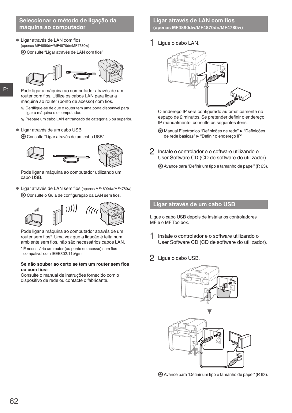 Seleccionar o método de ligação, Da máquina ao computador, Ligar através de lan com fios | Apenas mf4890dw/mf4870dn/mf4780w), Ligar através de um cabo usb, A “ligar através de lan com fios, Apenas mf4890dw/mf4870dn/mf4780w)” (p. 62), A “ligar através de um cabo usb” (p. 62) | Canon i-SENSYS MF4890dw User Manual | Page 62 / 292