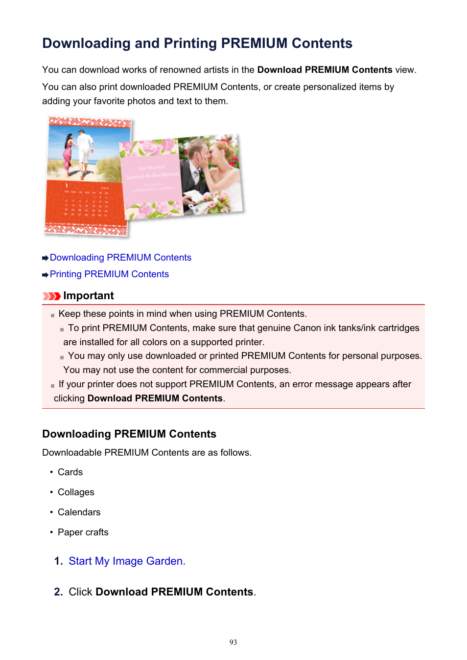 Downloading and printing premium contents, Downloading premium contents, For how to download premium | Canon PIXMA MG2440 User Manual | Page 93 / 335