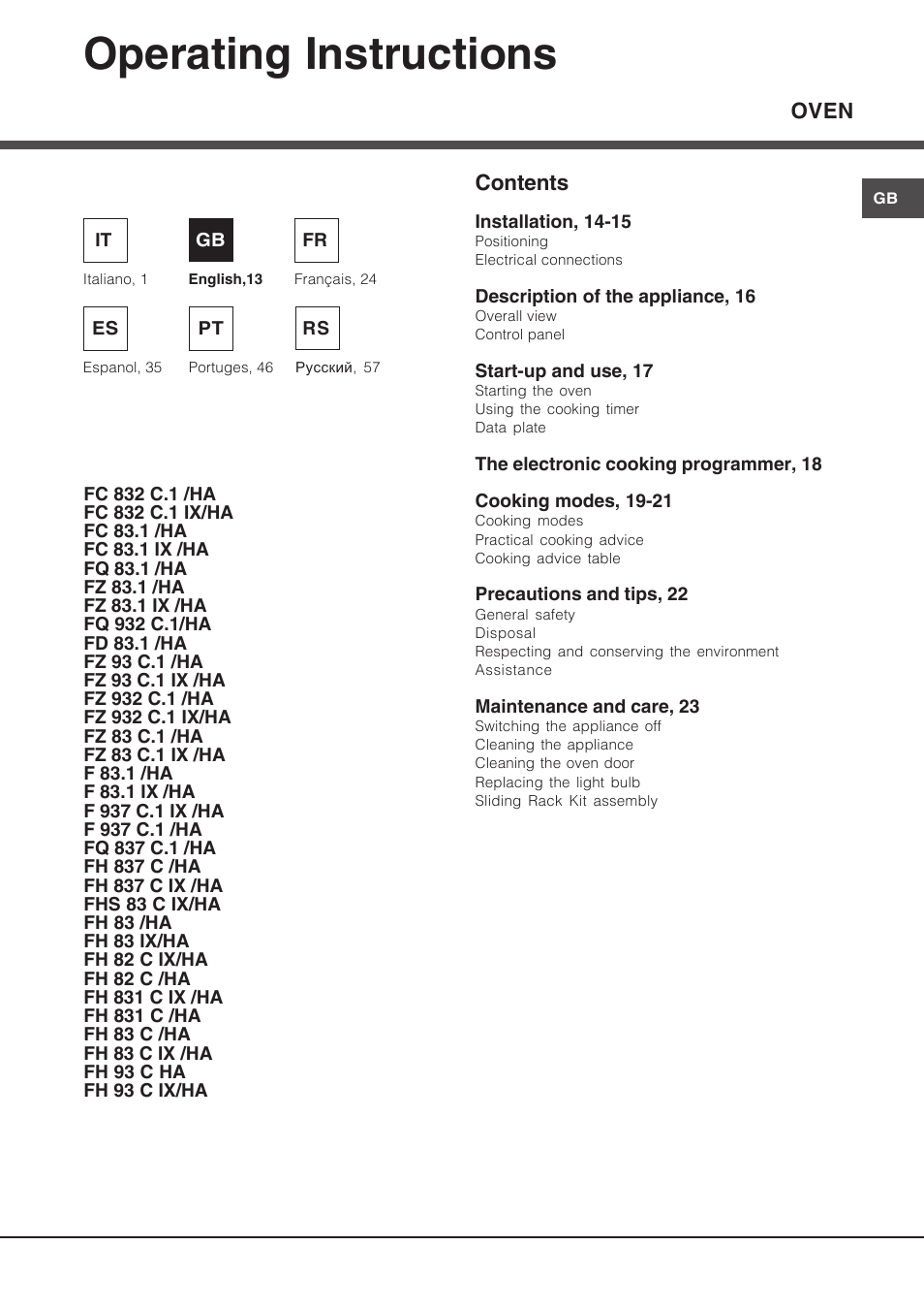 068303gb, 068303gb 13-20, Operating instructions | Hotpoint Ariston Diamond FD 83.1 (MR)-HA User Manual | Page 13 / 68