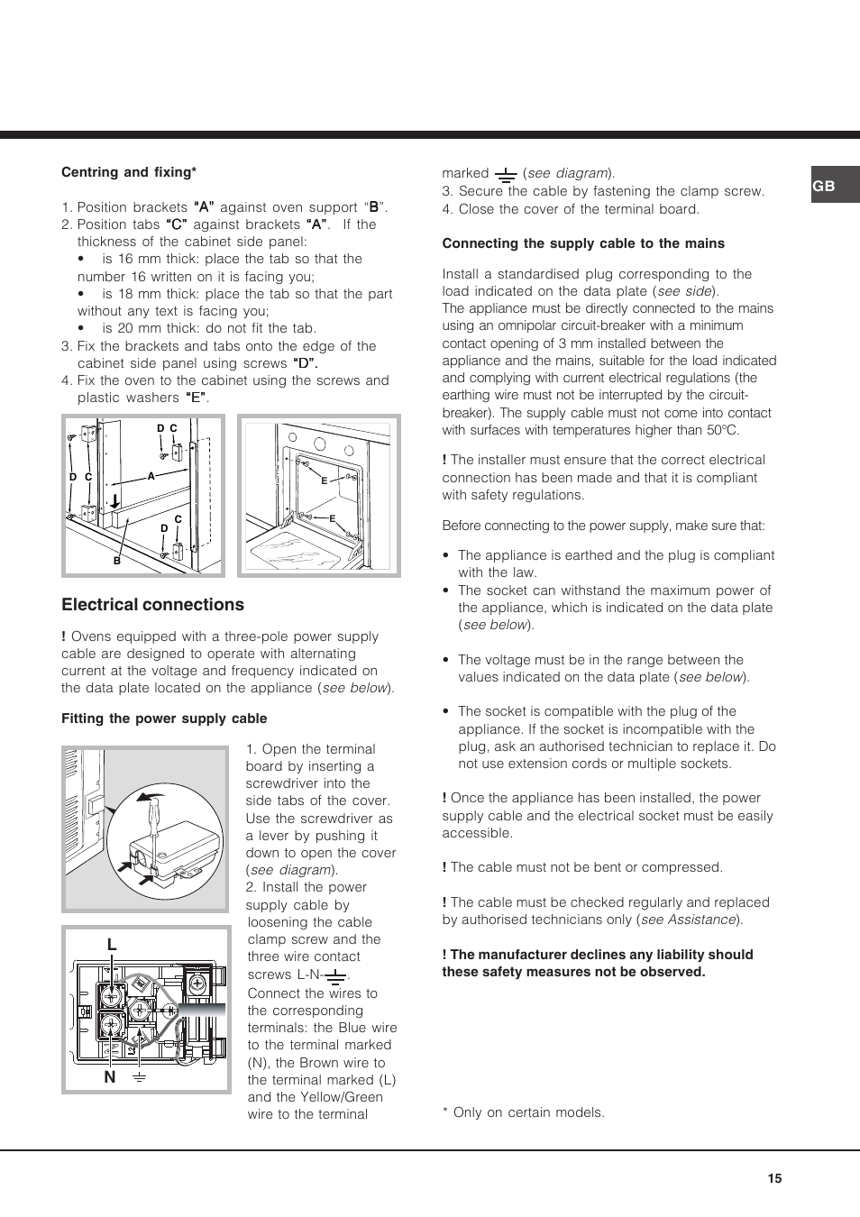 Electrical connections | Hotpoint Ariston Diamond FD 83.1 (MR)-HA User Manual | Page 15 / 68