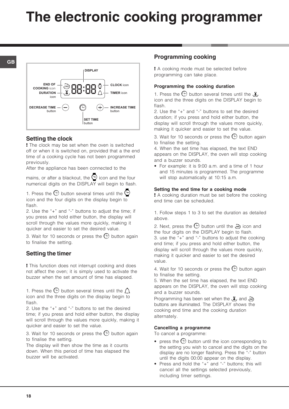 The electronic cooking programmer, Setting the clock, Setting the timer | Programming cooking | Hotpoint Ariston Diamond FD 83.1 (MR)-HA User Manual | Page 18 / 68