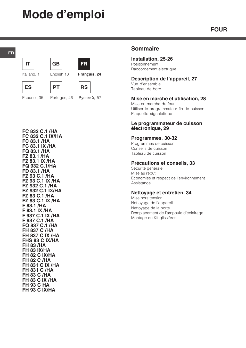 068303fr, 068303fr 24-31, Mode d’emploi | Hotpoint Ariston Diamond FD 83.1 (MR)-HA User Manual | Page 24 / 68