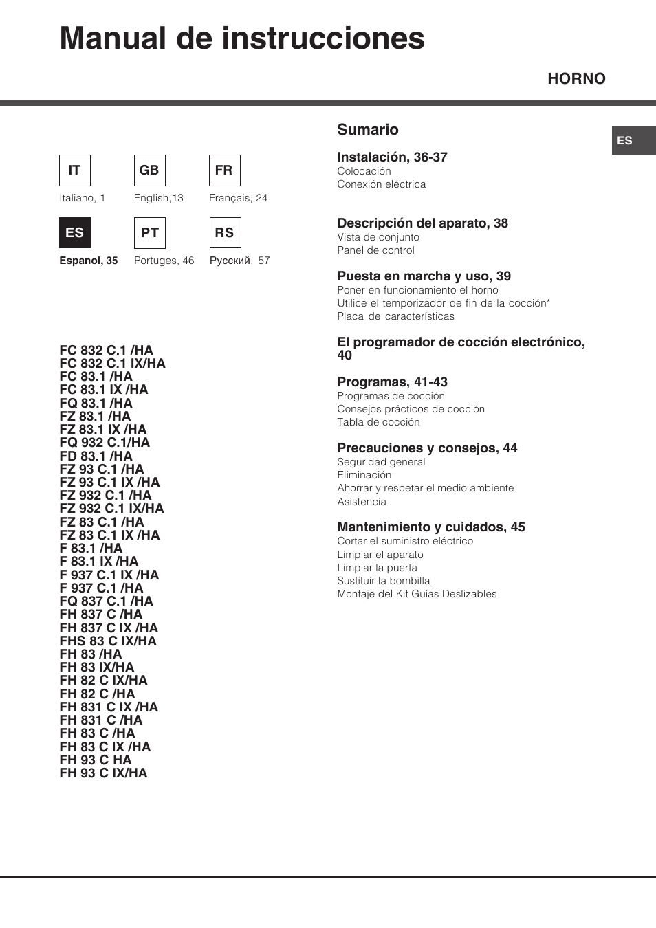 068303es, 068303es 35-42, Manual de instrucciones | Hotpoint Ariston Diamond FD 83.1 (MR)-HA User Manual | Page 35 / 68