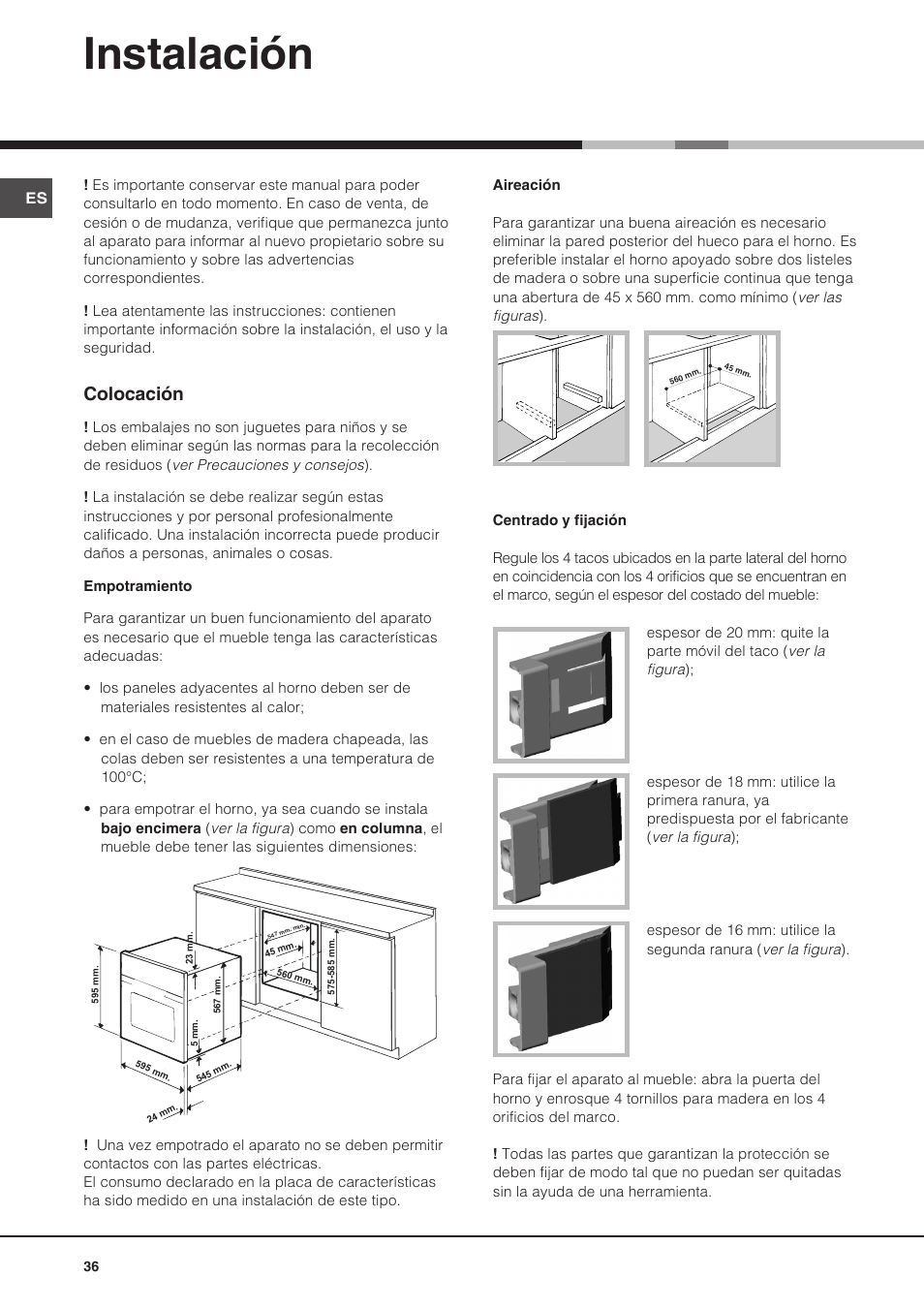 Instalación, Colocación | Hotpoint Ariston Diamond FD 83.1 (MR)-HA User Manual | Page 36 / 68