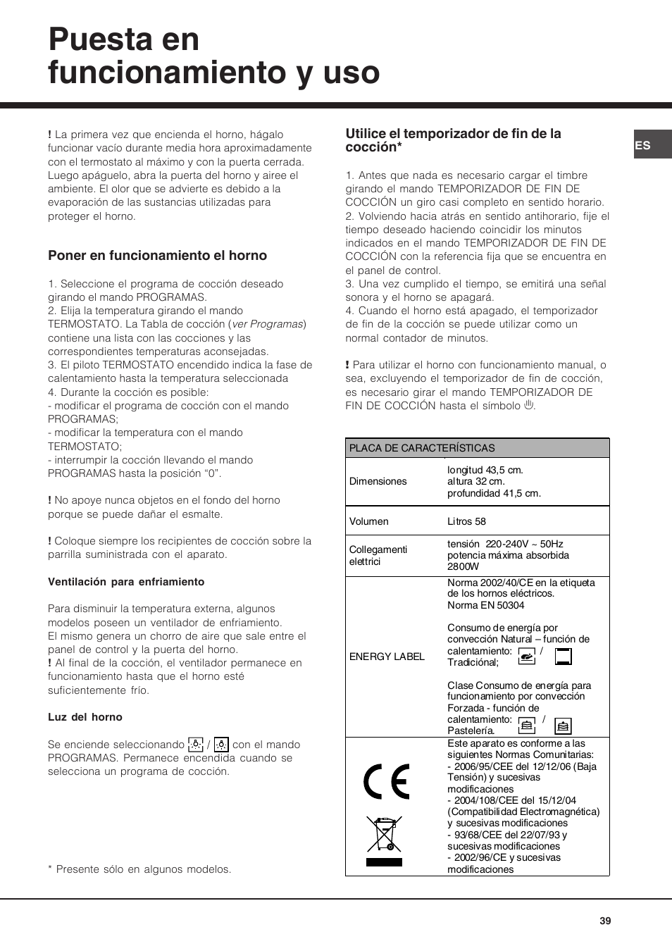Puesta en funcionamiento y uso | Hotpoint Ariston Diamond FD 83.1 (MR)-HA User Manual | Page 39 / 68