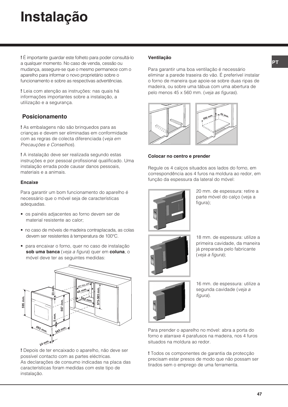 Instalação, Posicionamento | Hotpoint Ariston Diamond FD 83.1 (MR)-HA User Manual | Page 47 / 68