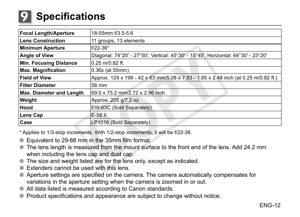 Cop y, Specifications | Canon EF-S 18-55mm f3.5-5.6 IS STM User Manual | Page 13 / 14