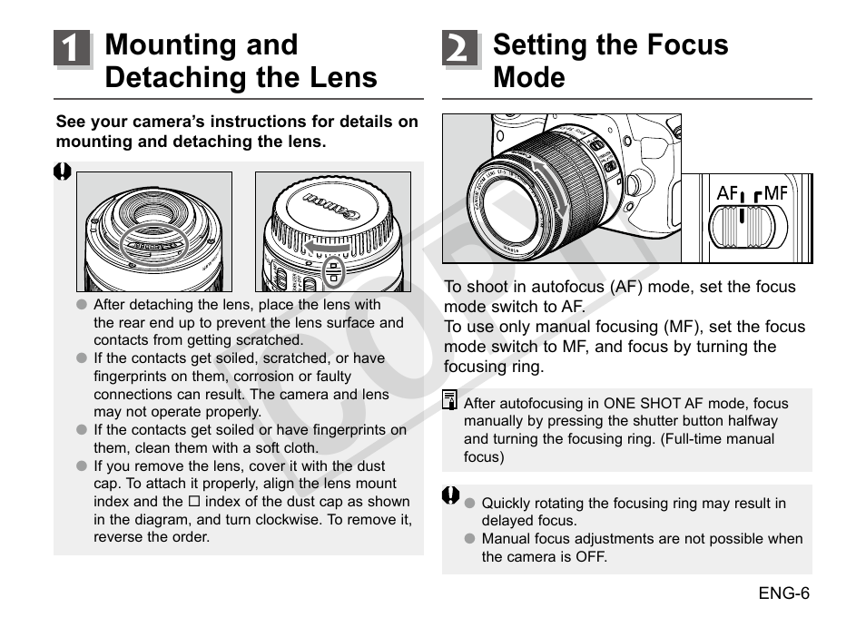 Cop y, Mounting and detaching the lens, Setting the focus mode | Canon EF-S 18-55mm f3.5-5.6 IS STM User Manual | Page 7 / 14