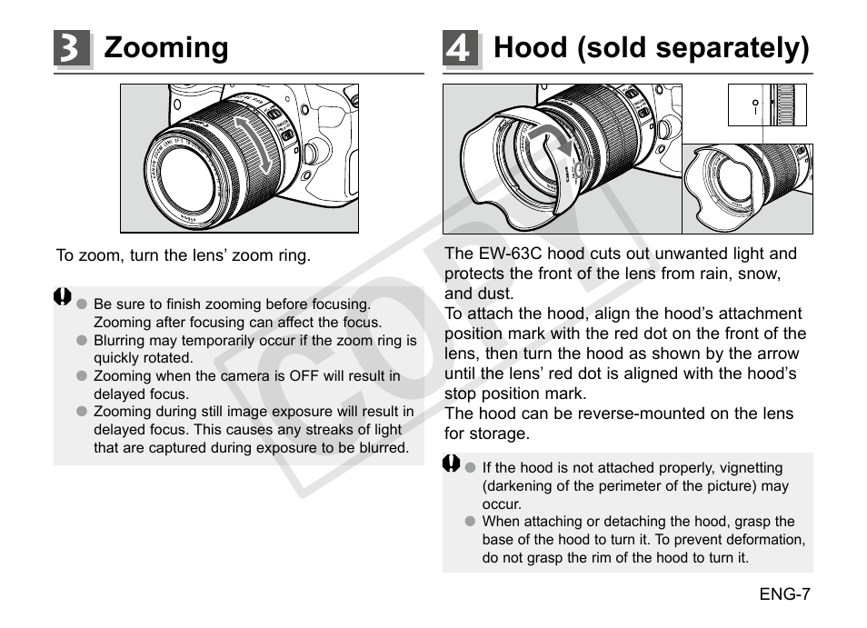 Cop y, Hood (sold separately), Zooming | Canon EF-S 18-55mm f3.5-5.6 IS STM User Manual | Page 8 / 14