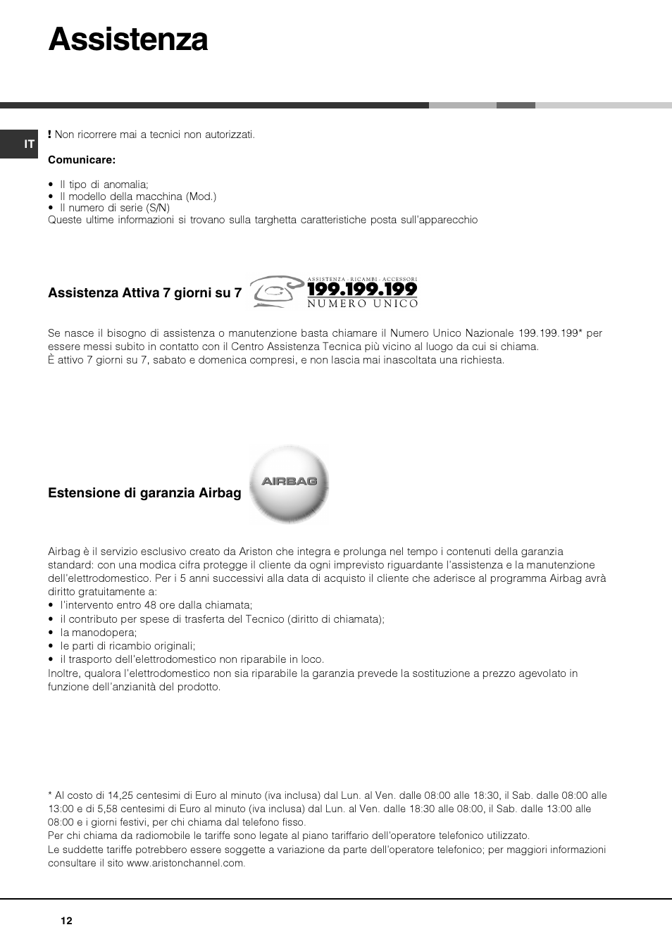 Assistenza | Hotpoint Ariston Luce FK 83 X-HA User Manual | Page 12 / 72