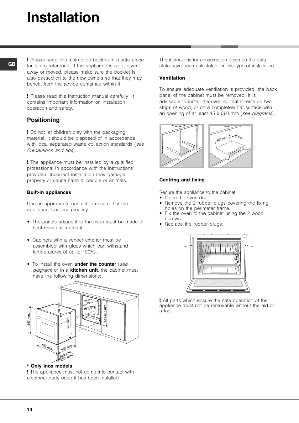 Installation, Positioning | Hotpoint Ariston Luce FK 83 X-HA User Manual | Page 14 / 72