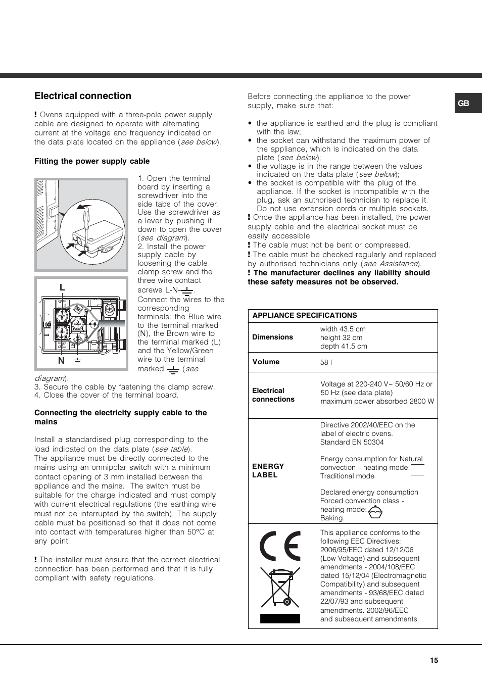 Electrical connection | Hotpoint Ariston Luce FK 83 X-HA User Manual | Page 15 / 72