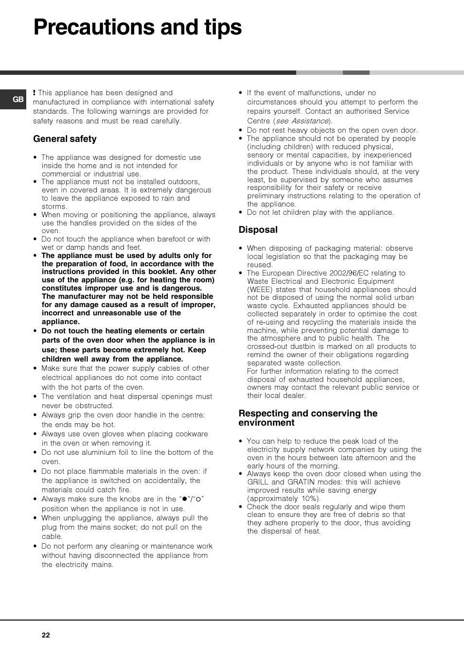 Precautions and tips | Hotpoint Ariston Luce FK 83 X-HA User Manual | Page 22 / 72