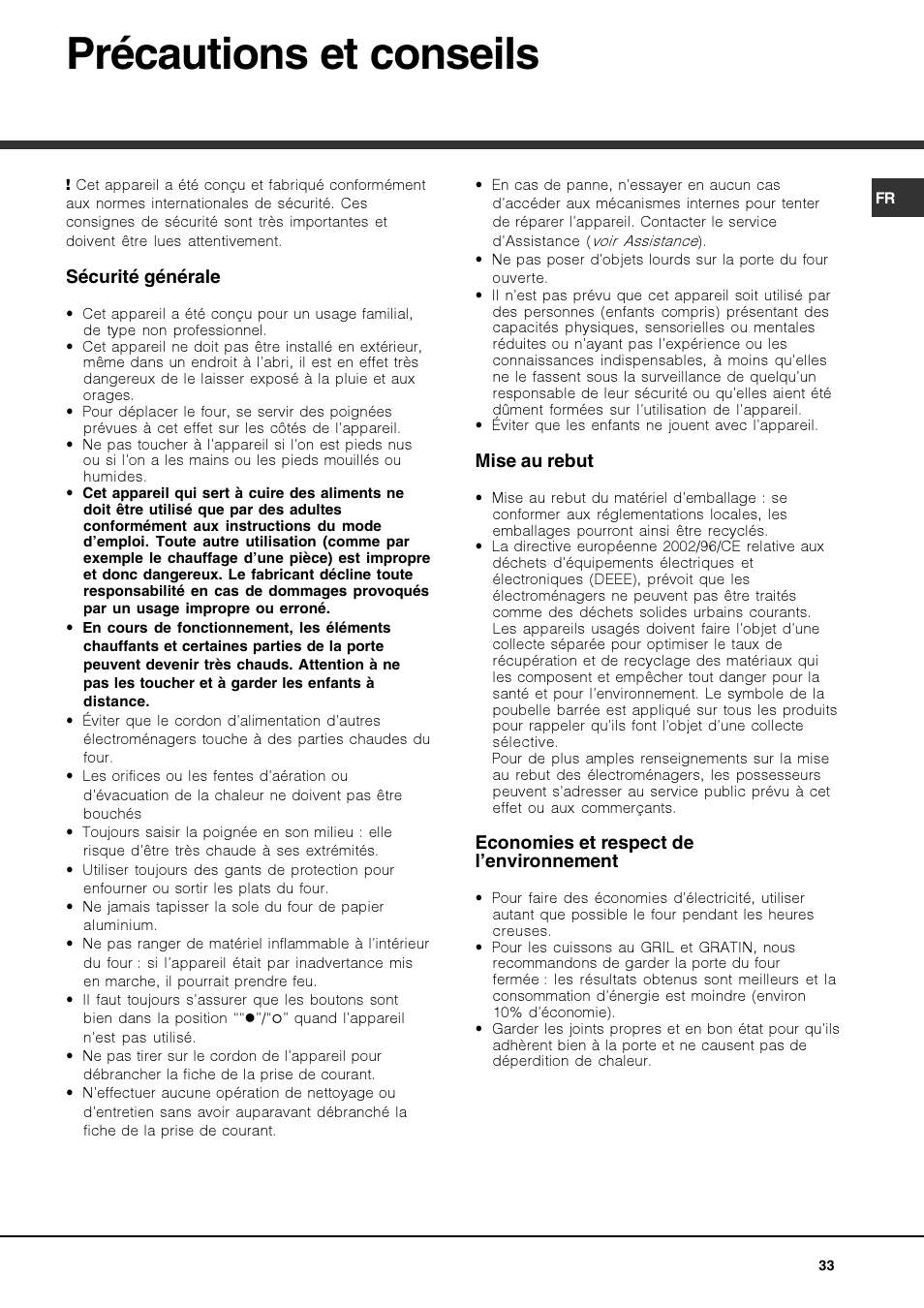 Précautions et conseils | Hotpoint Ariston Luce FK 83 X-HA User Manual | Page 33 / 72