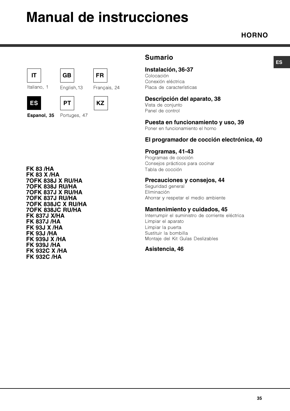 Manual de instrucciones, Horno, Sumario | Hotpoint Ariston Luce FK 83 X-HA User Manual | Page 35 / 72
