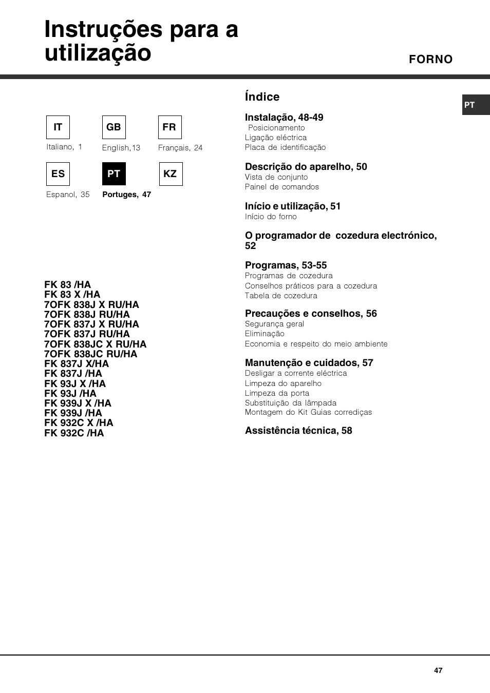 Instruções para a utilização, Forno, Índice | Hotpoint Ariston Luce FK 83 X-HA User Manual | Page 47 / 72