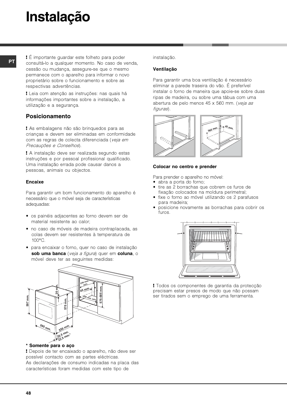 Instalação, Posicionamento | Hotpoint Ariston Luce FK 83 X-HA User Manual | Page 48 / 72