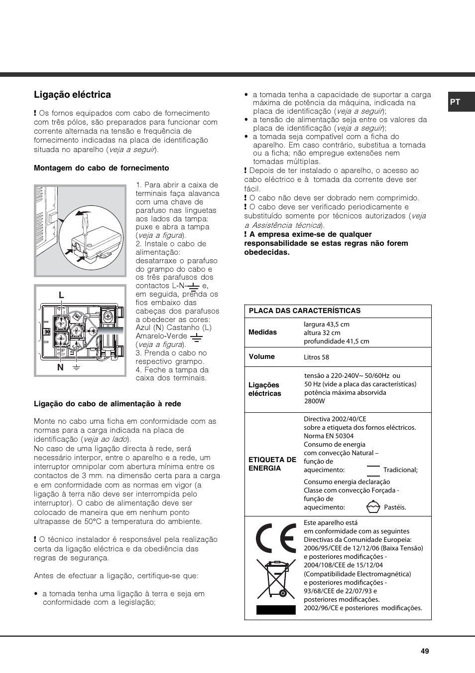 Ligação eléctrica | Hotpoint Ariston Luce FK 83 X-HA User Manual | Page 49 / 72