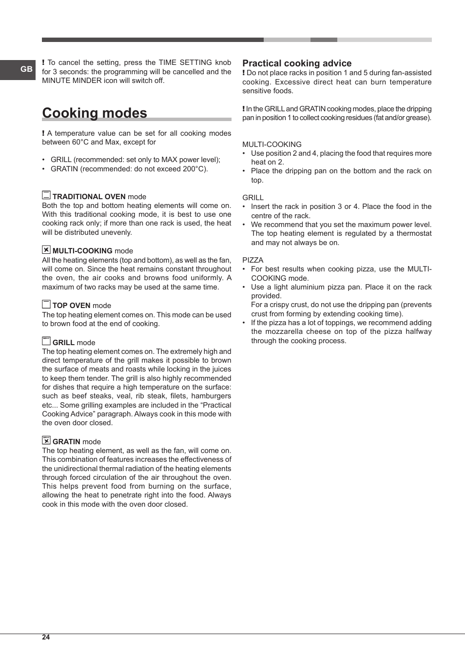 Cooking modes, Practical cooking advice | Hotpoint Ariston Style FH 51 (BK)-HA User Manual | Page 24 / 76
