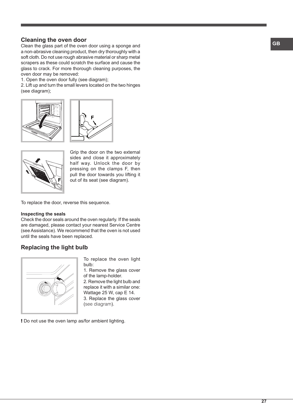 Cleaning the oven door, Replacing the light bulb | Hotpoint Ariston Style FH 51 (BK)-HA User Manual | Page 27 / 76