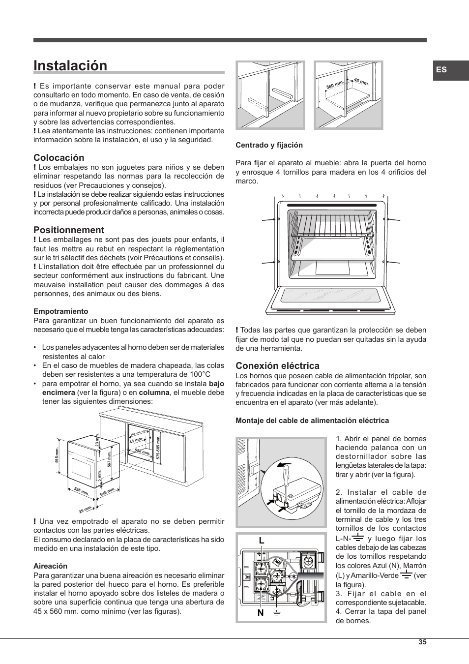 Instalación, Colocación, Positionnement | Conexión eléctrica | Hotpoint Ariston Style FH 51 (BK)-HA User Manual | Page 35 / 76