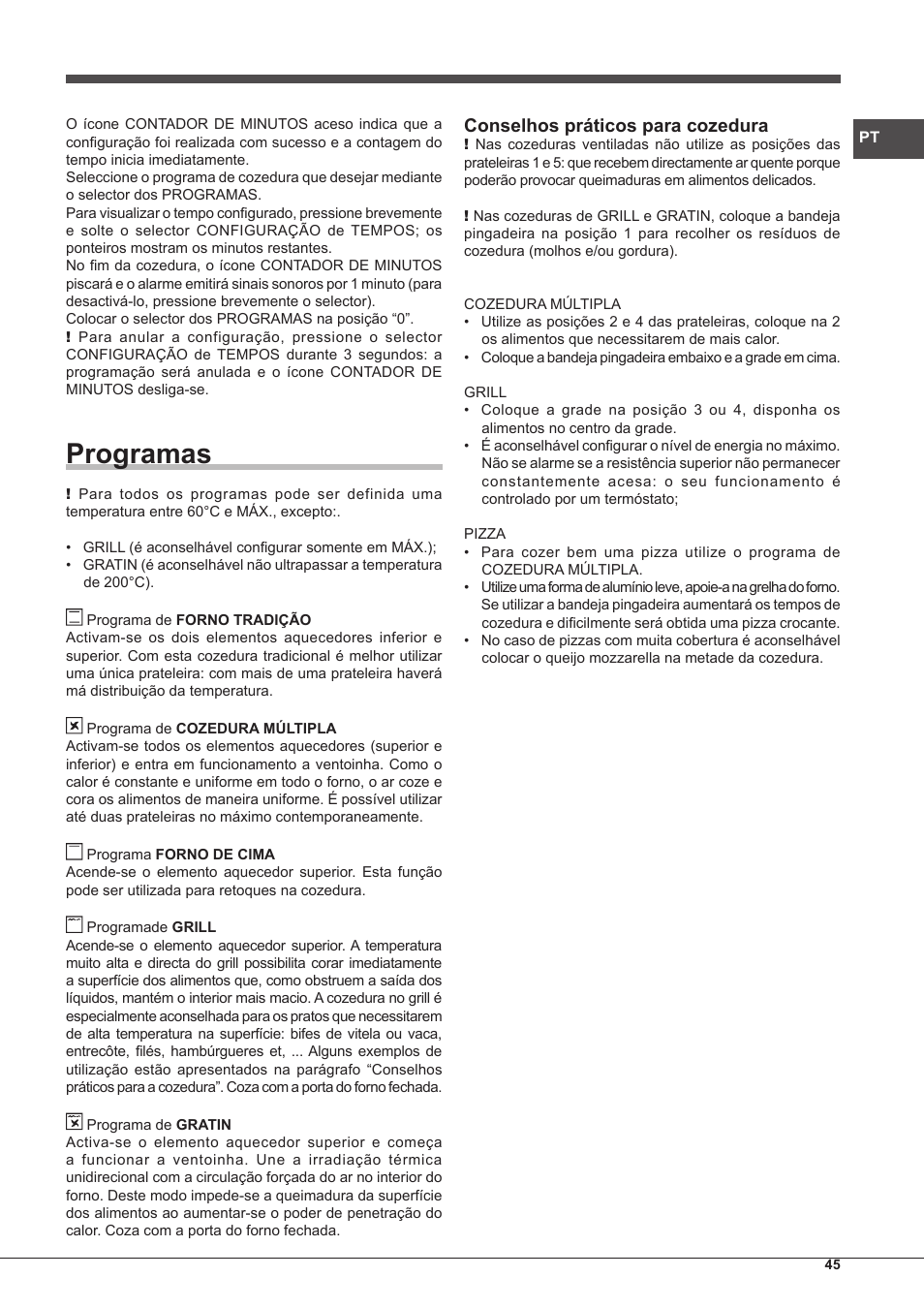 Programas, Conselhos práticos para cozedura | Hotpoint Ariston Style FH 51 (BK)-HA User Manual | Page 45 / 76