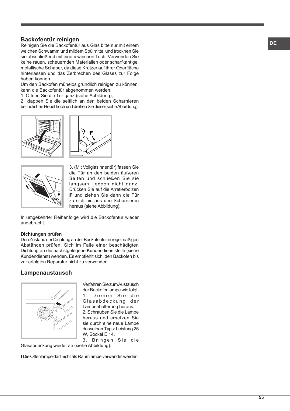Backofentür reinigen, Lampenaustausch | Hotpoint Ariston Style FH 51 (BK)-HA User Manual | Page 55 / 76