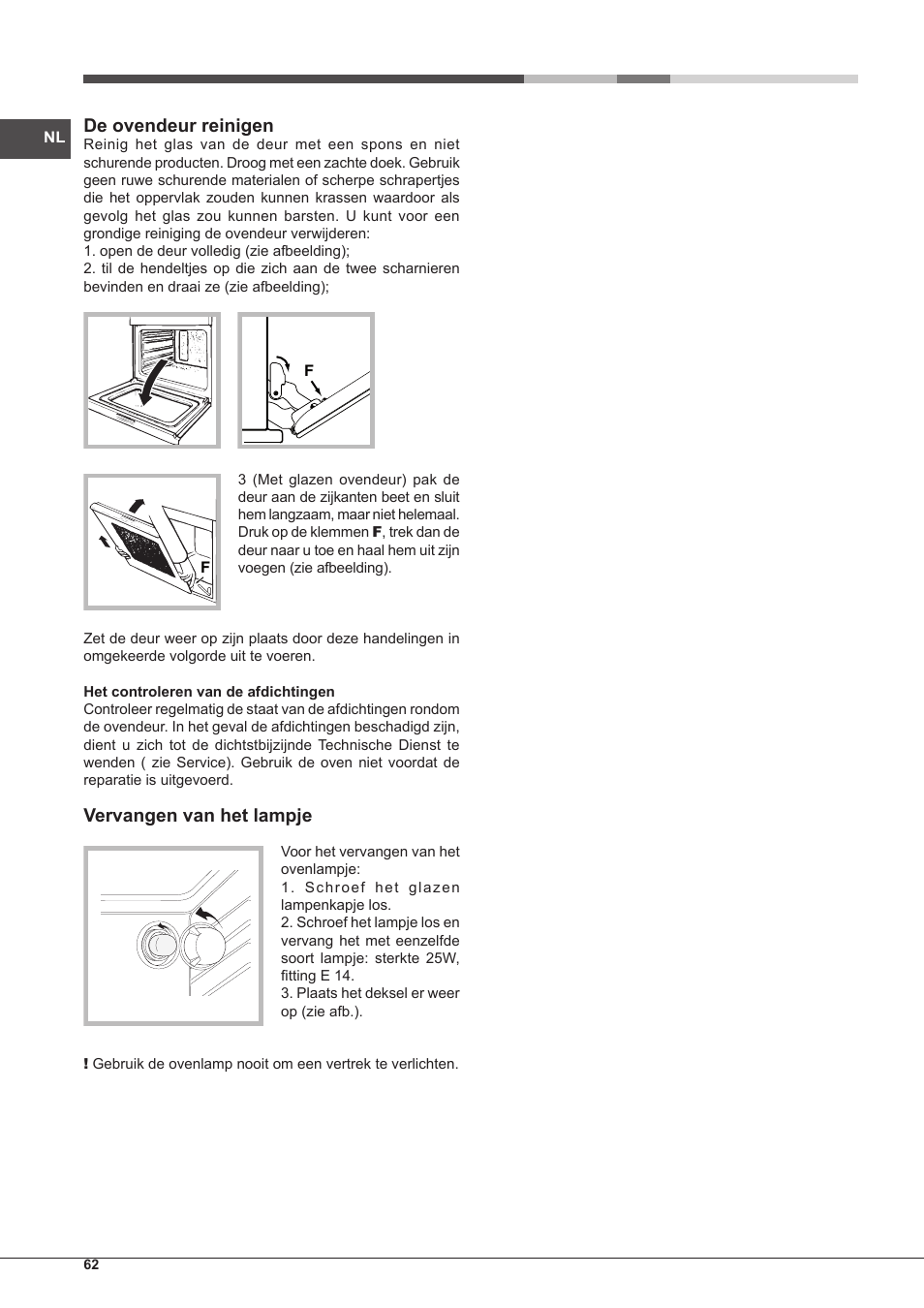 De ovendeur reinigen, Vervangen van het lampje | Hotpoint Ariston Style FH 51 (BK)-HA User Manual | Page 62 / 76