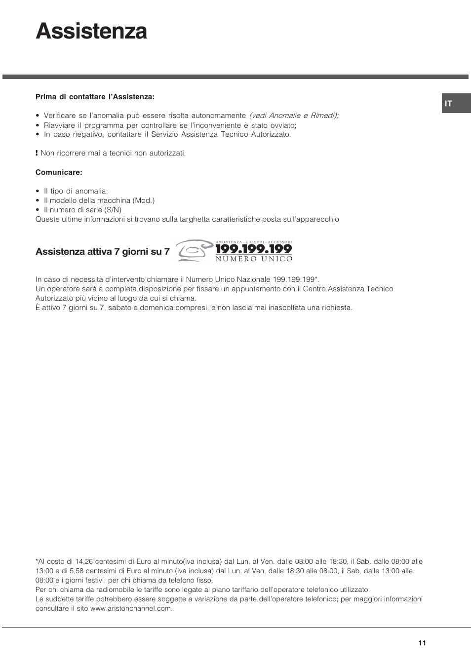 Assistenza | Hotpoint Ariston FT 850.1/HA User Manual | Page 11 / 56
