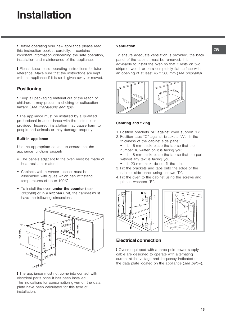 Installation, Positioning, Electrical connection | Hotpoint Ariston FT 850.1/HA User Manual | Page 13 / 56