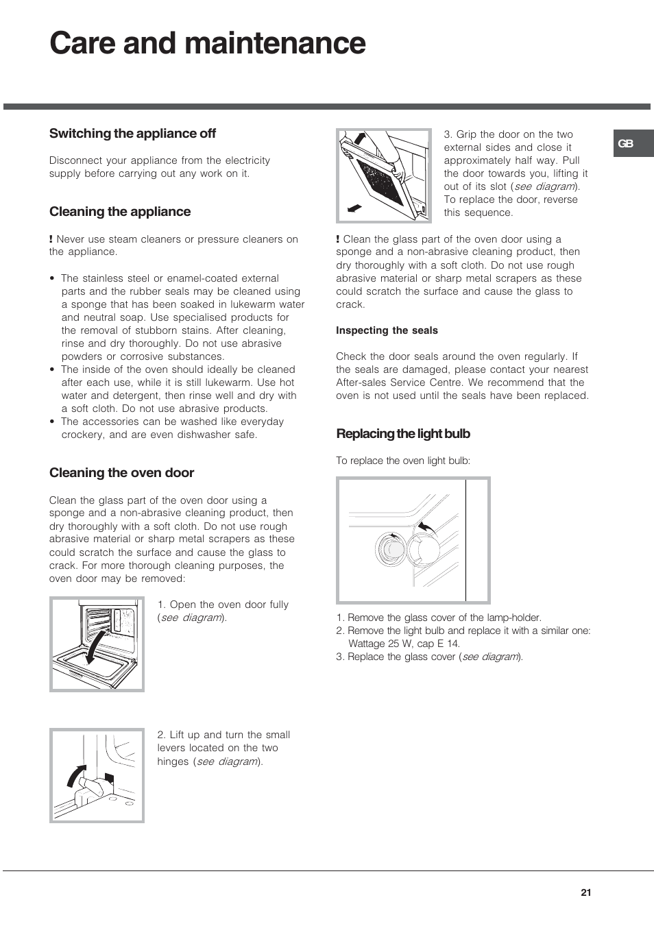 Care and maintenance | Hotpoint Ariston FT 850.1/HA User Manual | Page 21 / 56
