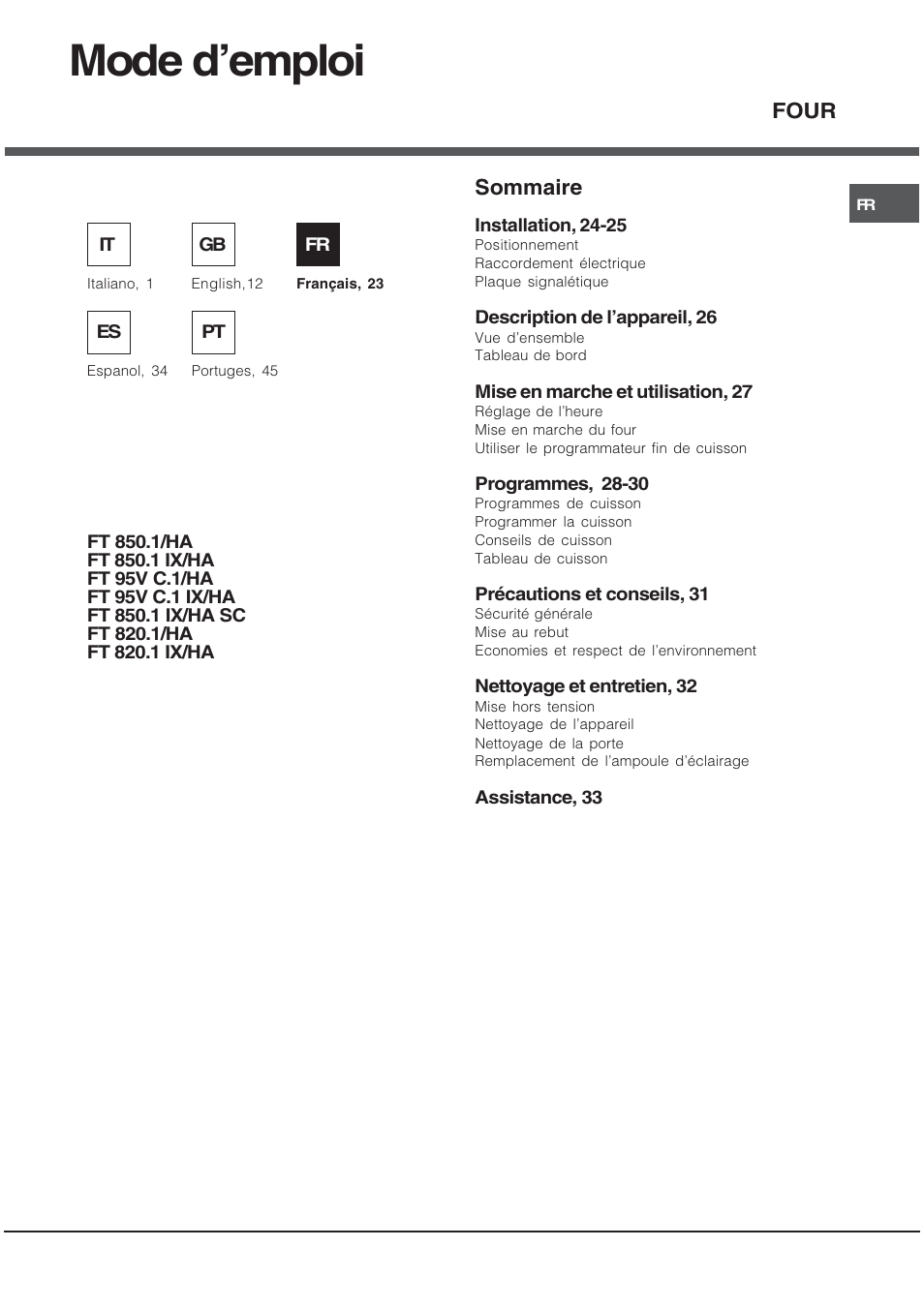 Mode demploi, Sommaire, Four | Hotpoint Ariston FT 850.1/HA User Manual | Page 23 / 56