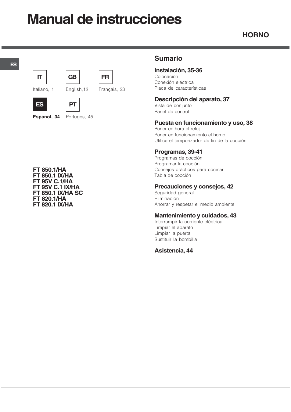 Manual de instrucciones, Sumario, Horno | Hotpoint Ariston FT 850.1/HA User Manual | Page 34 / 56