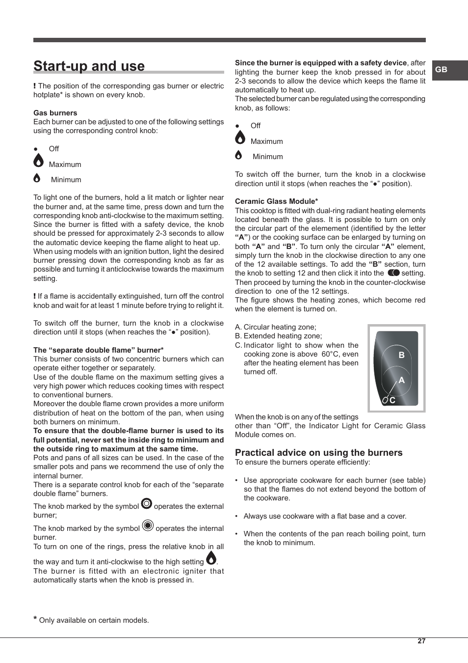 Start-up and use, Practical advice on using the burners | Hotpoint Ariston PH 750 T (AV) R-HA User Manual | Page 27 / 84