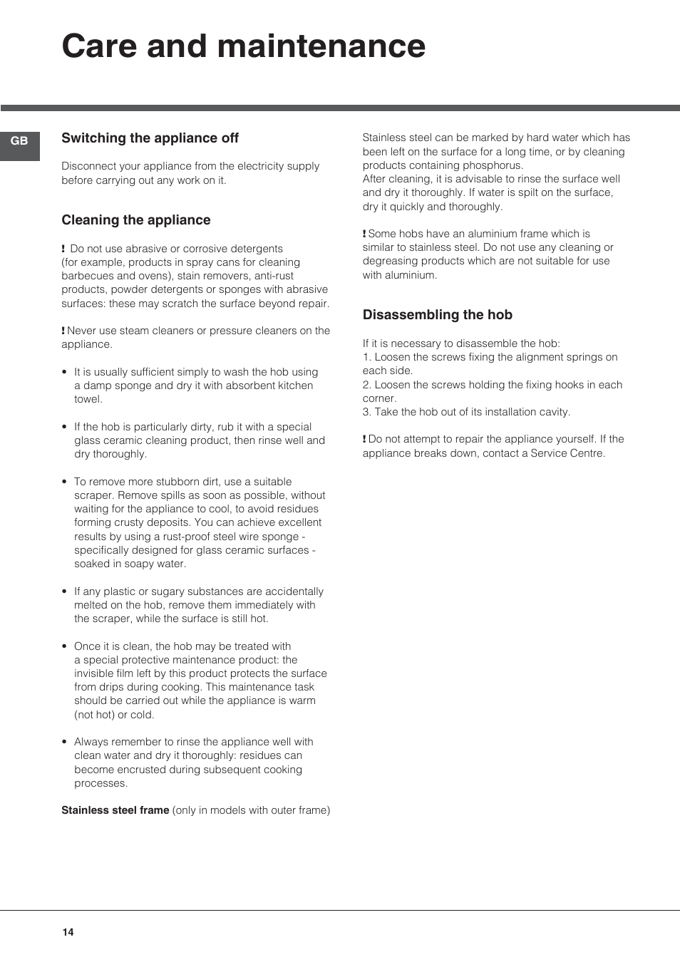 Care and maintenance | Hotpoint Ariston KIC 740 B IT User Manual | Page 14 / 80