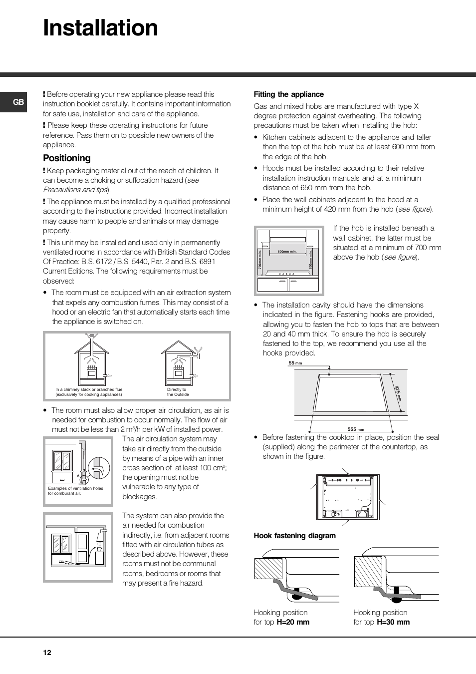Installation, Positioning | Hotpoint Ariston PKQ 644 D GH (K)-HA User Manual | Page 12 / 80