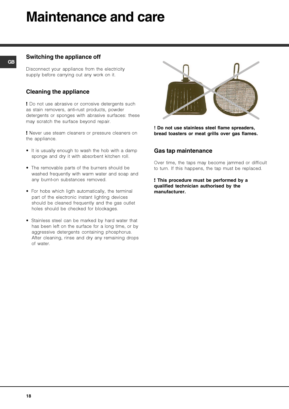 Maintenance and care | Hotpoint Ariston PKQ 644 D GH (K)-HA User Manual | Page 18 / 80