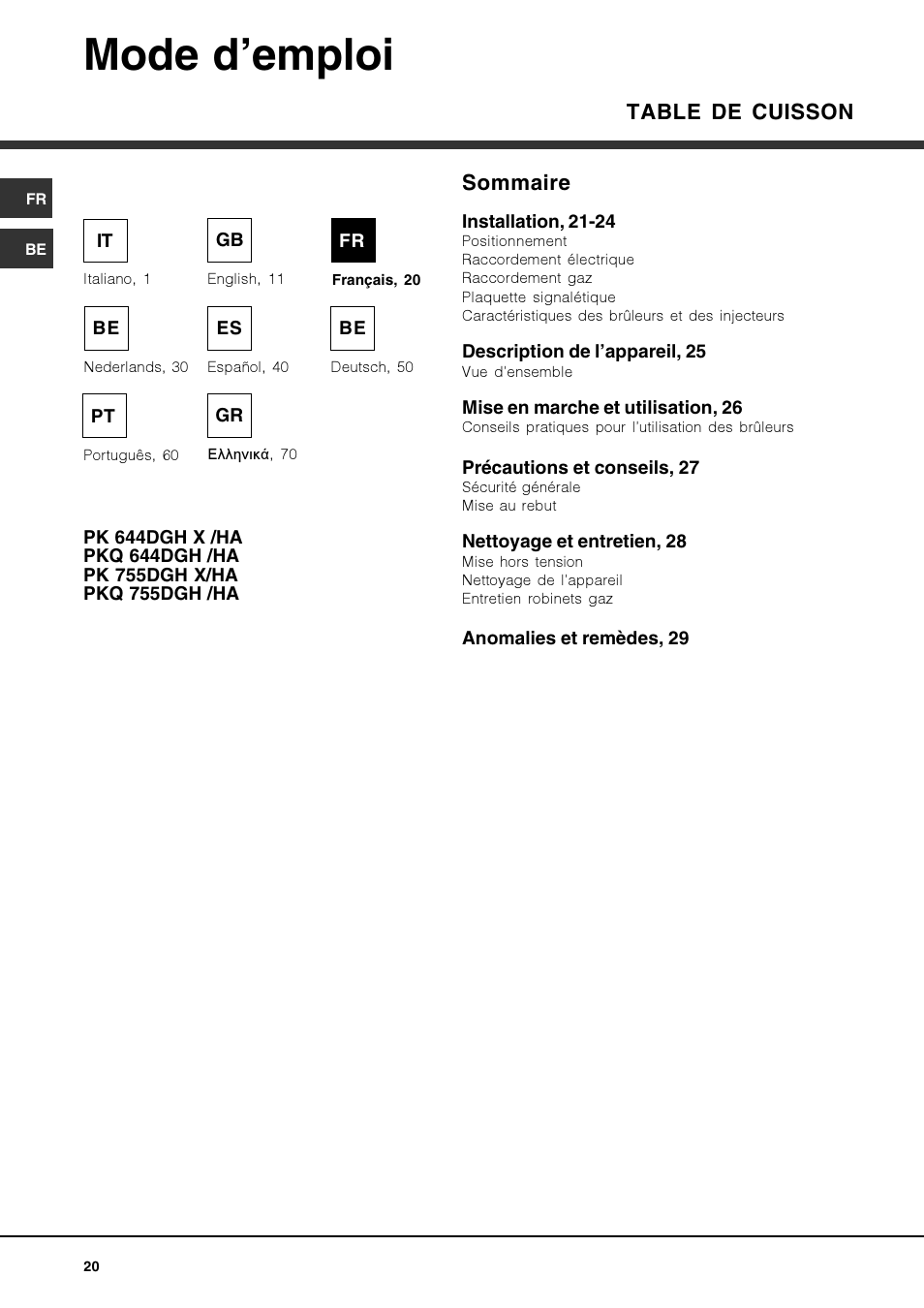 Mode d’emploi, Table de cuisson, Sommaire | Hotpoint Ariston PKQ 644 D GH (K)-HA User Manual | Page 20 / 80