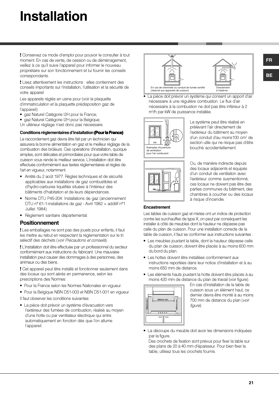 Installation, Positionnement | Hotpoint Ariston PKQ 644 D GH (K)-HA User Manual | Page 21 / 80