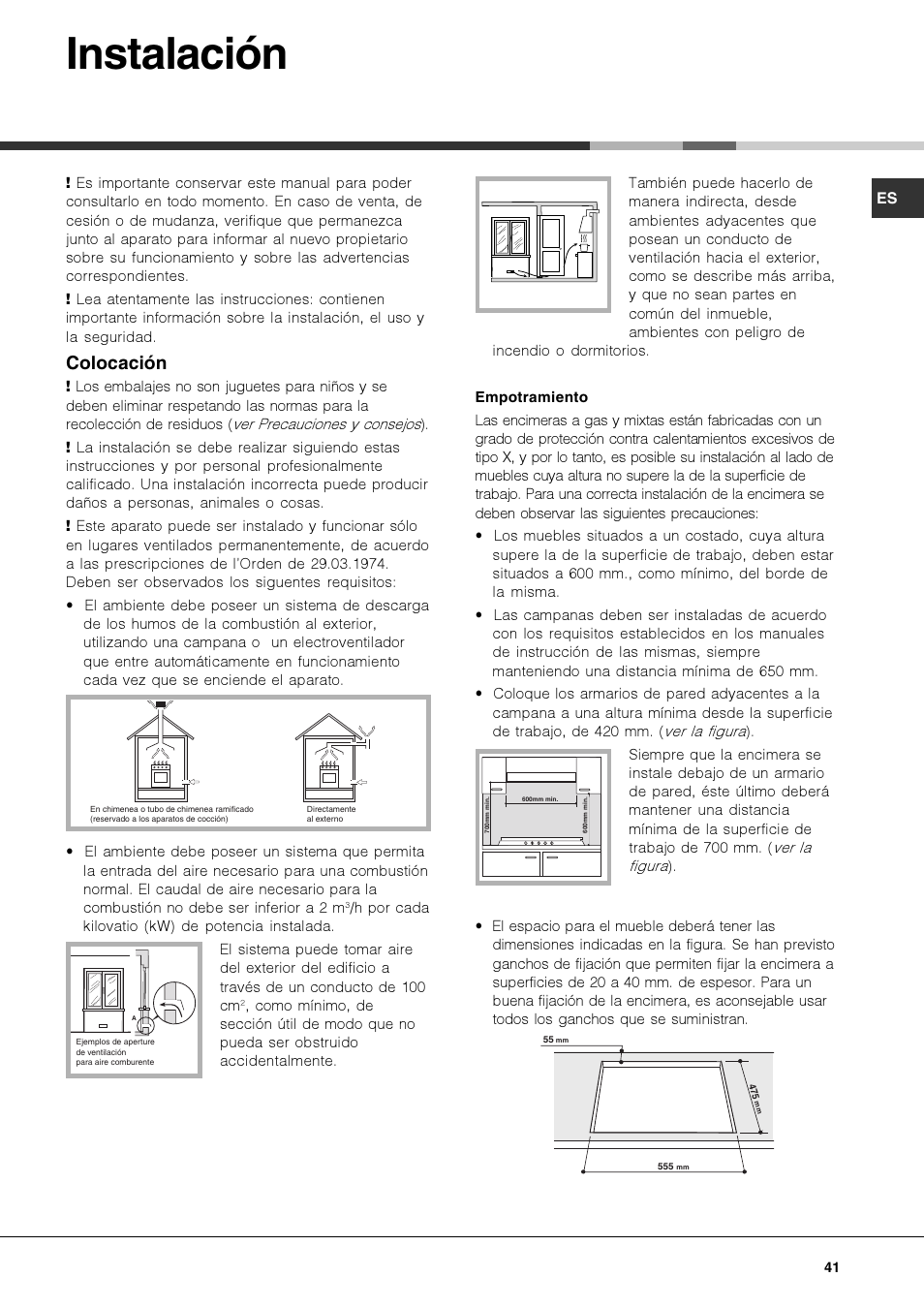 Instalación, Colocación | Hotpoint Ariston PKQ 644 D GH (K)-HA User Manual | Page 41 / 80