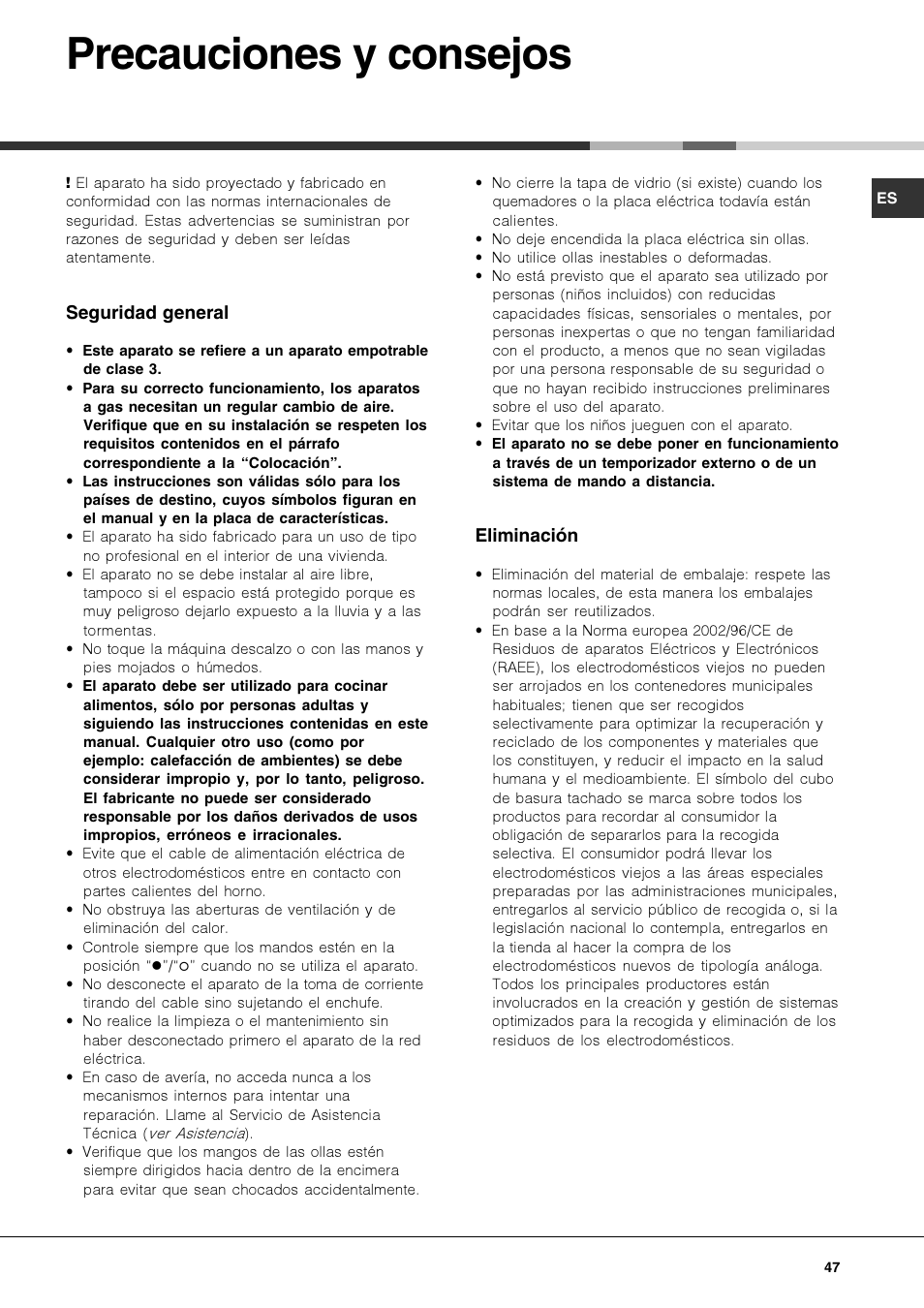 Precauciones y consejos | Hotpoint Ariston PKQ 644 D GH (K)-HA User Manual | Page 47 / 80