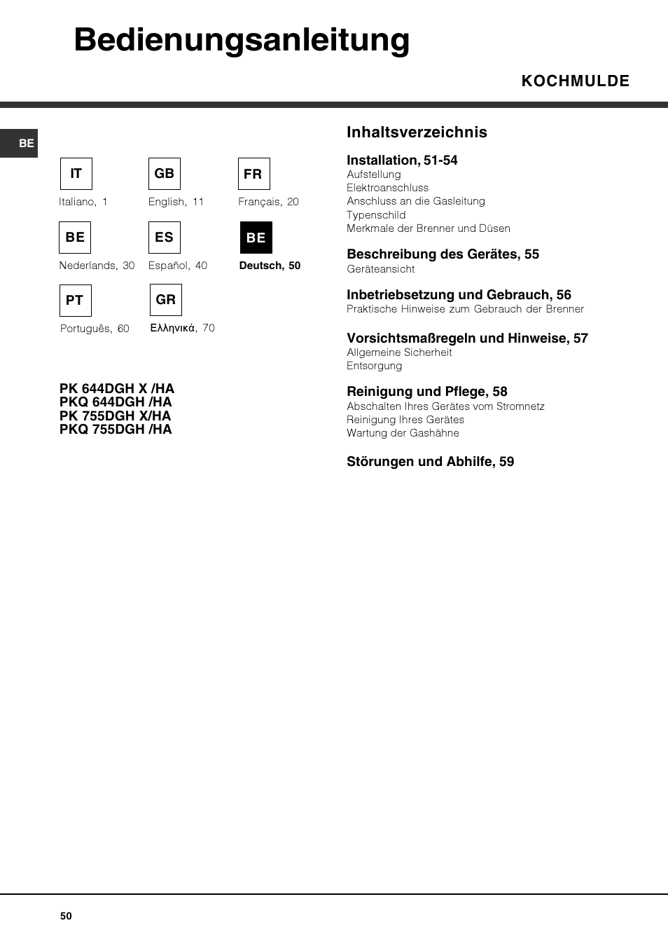 Bedienungsanleitung, Kochmulde inhaltsverzeichnis | Hotpoint Ariston PKQ 644 D GH (K)-HA User Manual | Page 50 / 80