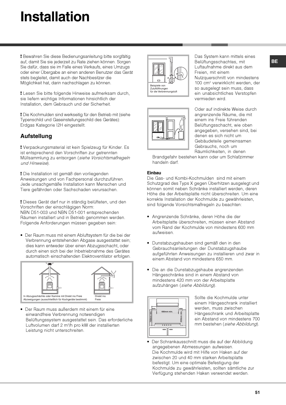 Installation, Aufstellung | Hotpoint Ariston PKQ 644 D GH (K)-HA User Manual | Page 51 / 80